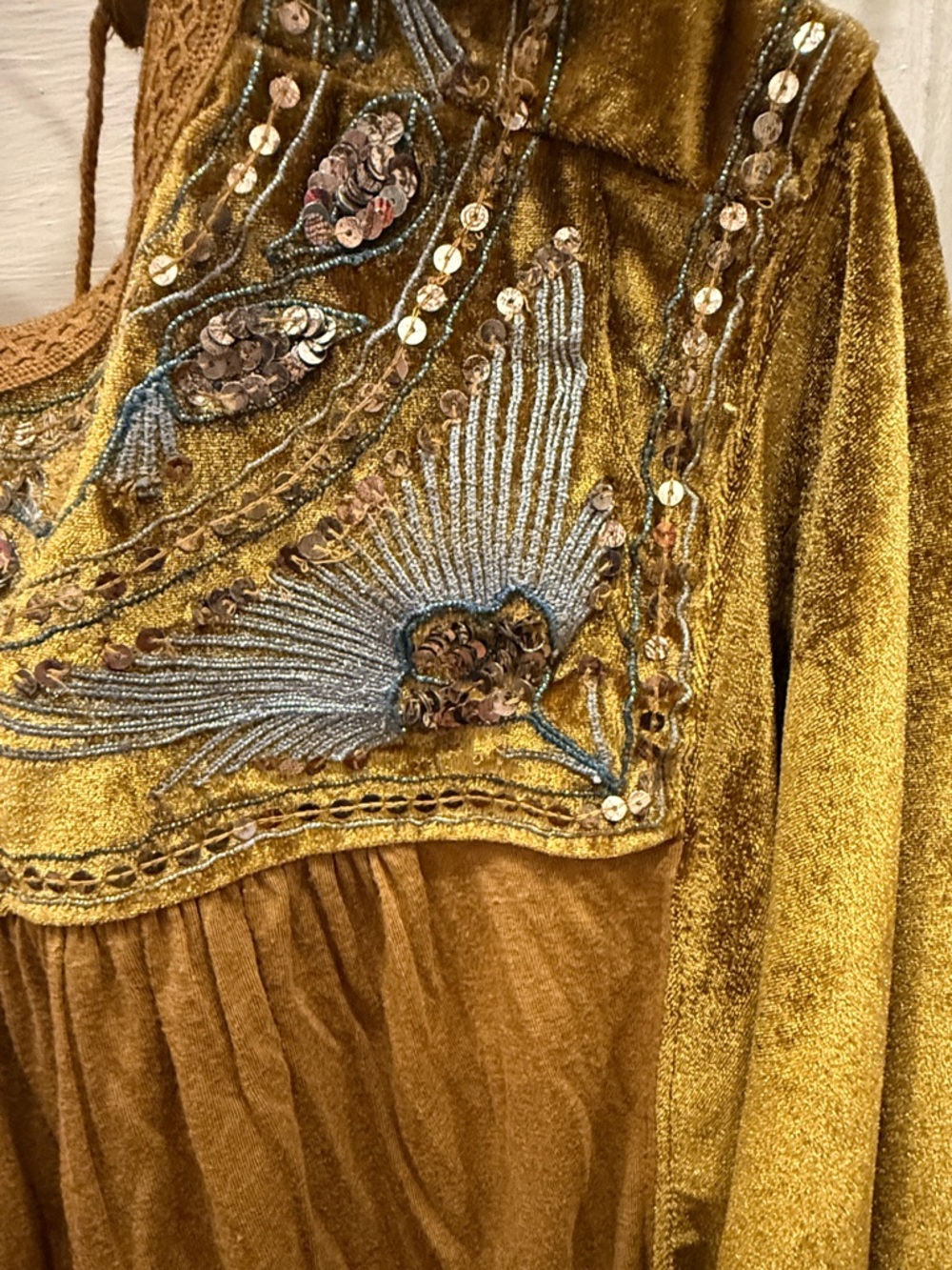 Embellished Velvet Peasant Blouse in Mustard - Picture 2 of 3